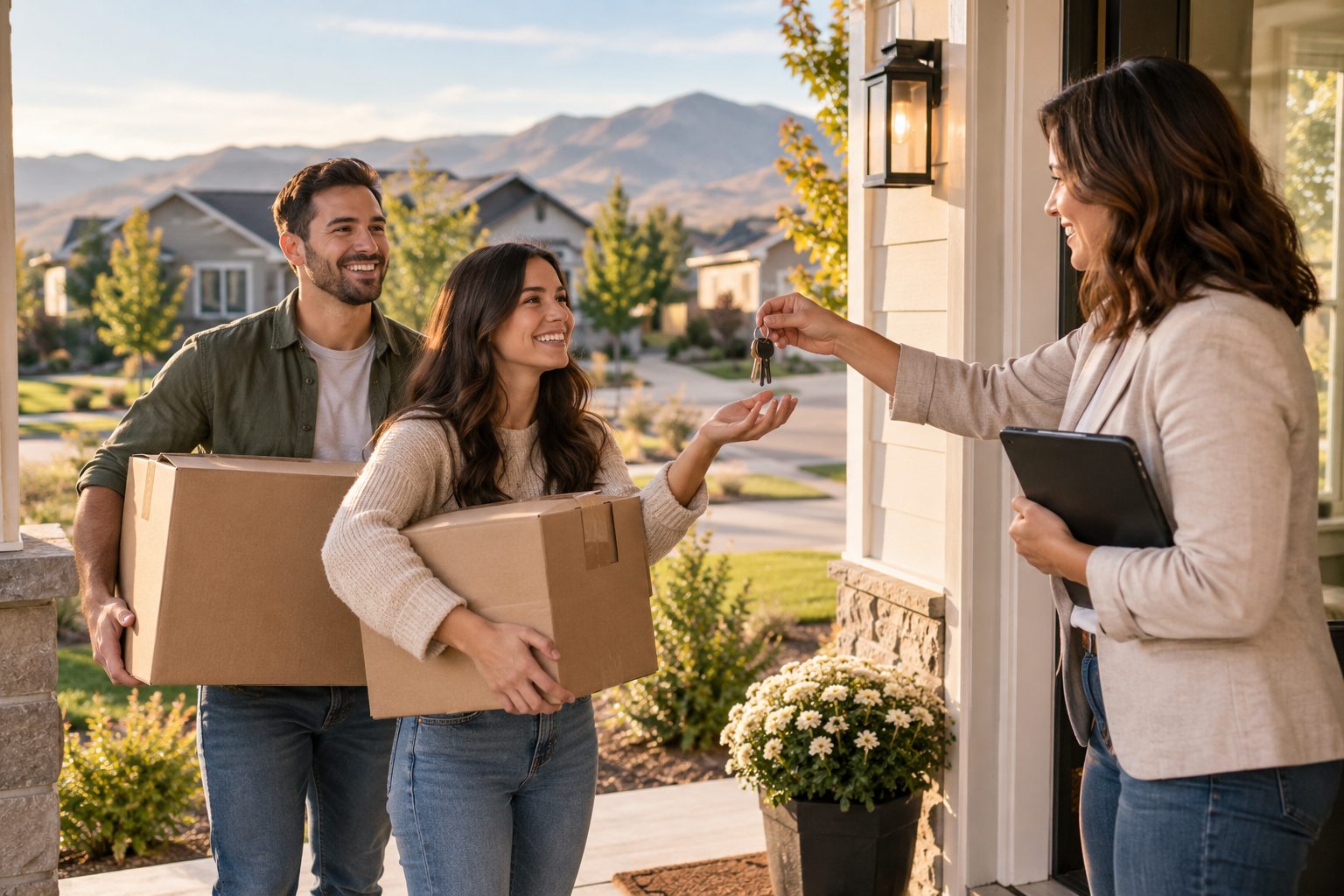 Three Roots property manager handing keys to new residents at a Treasure Valley rental